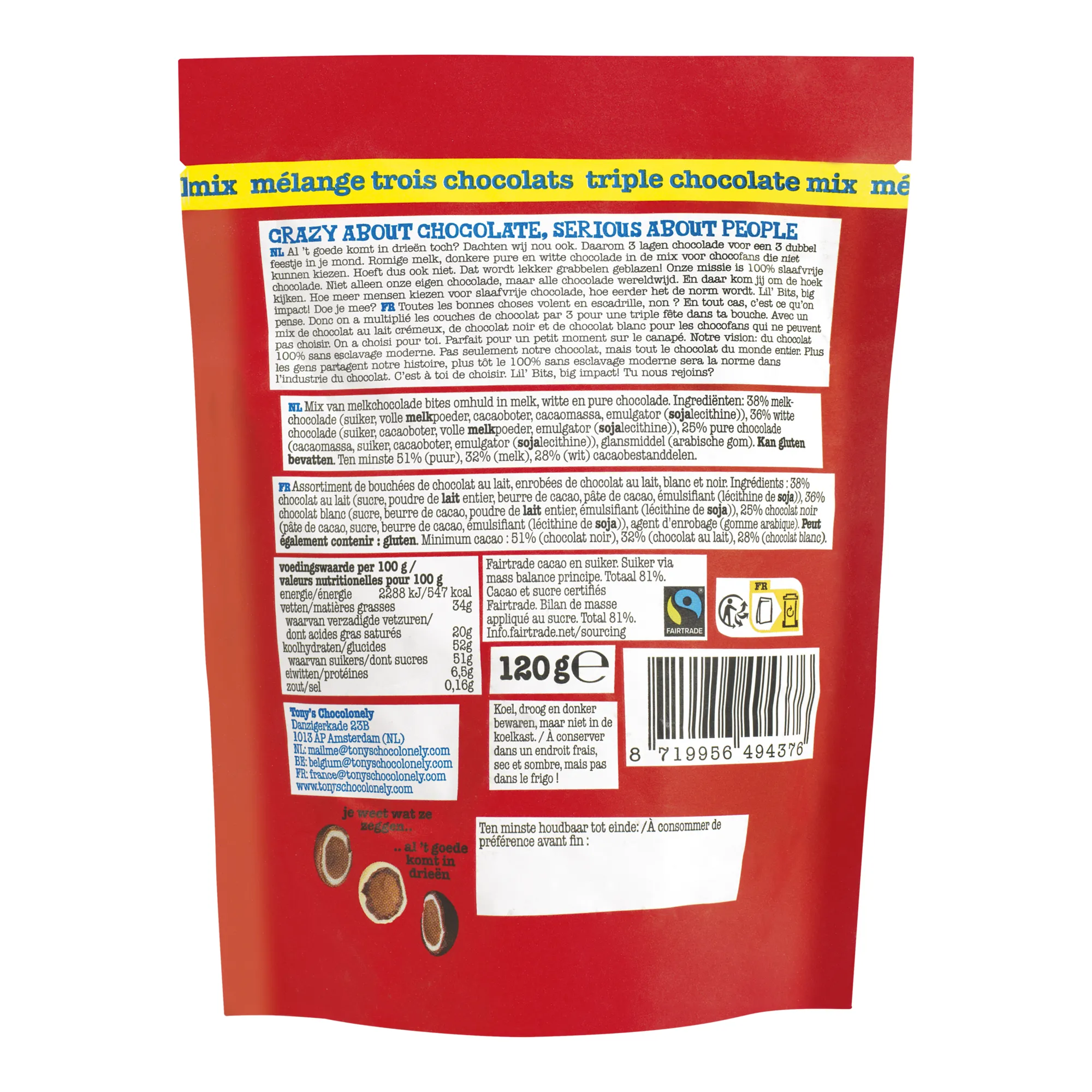 Tony’s Chocolonely Lil’Bits Triple Chocolade Mix Zak (8x120gr) – Image 3